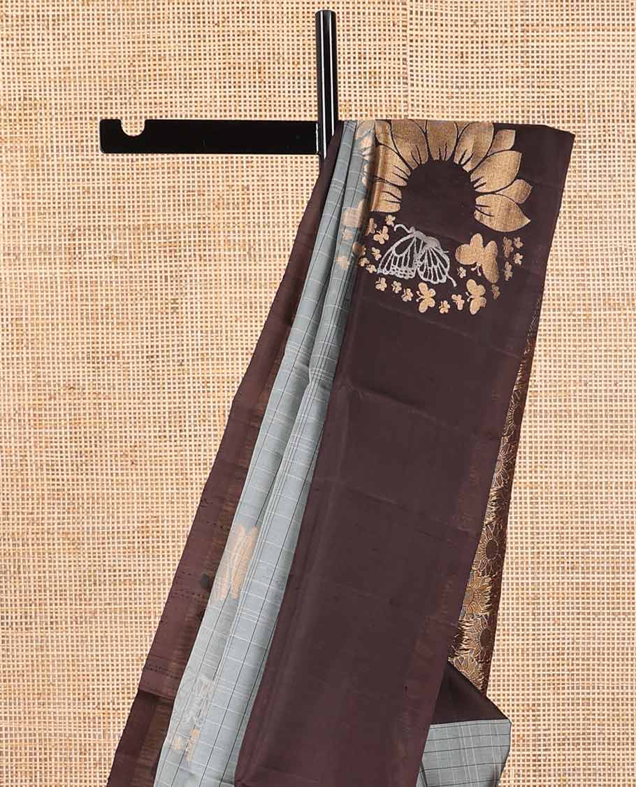Grey checked, floral design mayuri soft silk saree with contrast sunflower design border & floral design pallu