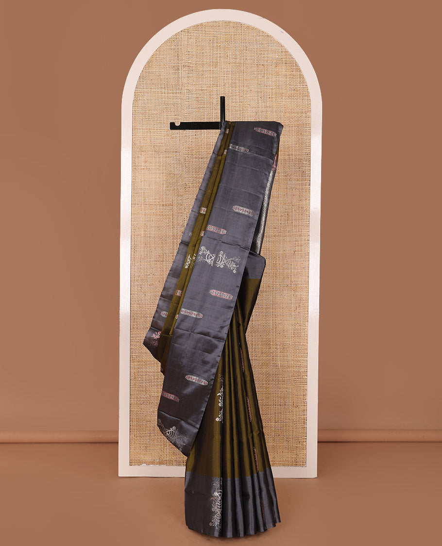 Green zari buttas soft silk saree, contrast zari buttas border & pallu of kodi visiry designs