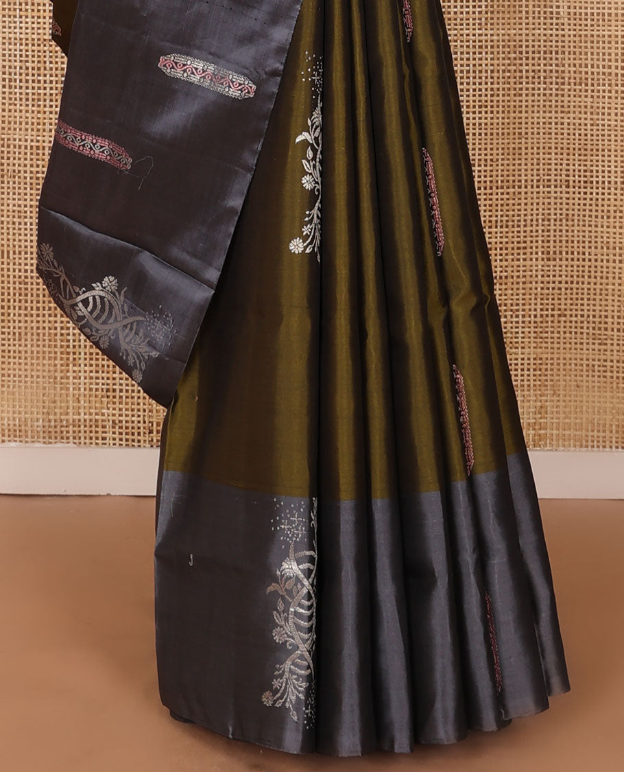 Green zari buttas soft silk saree, contrast zari buttas border & pallu of kodi visiry designs