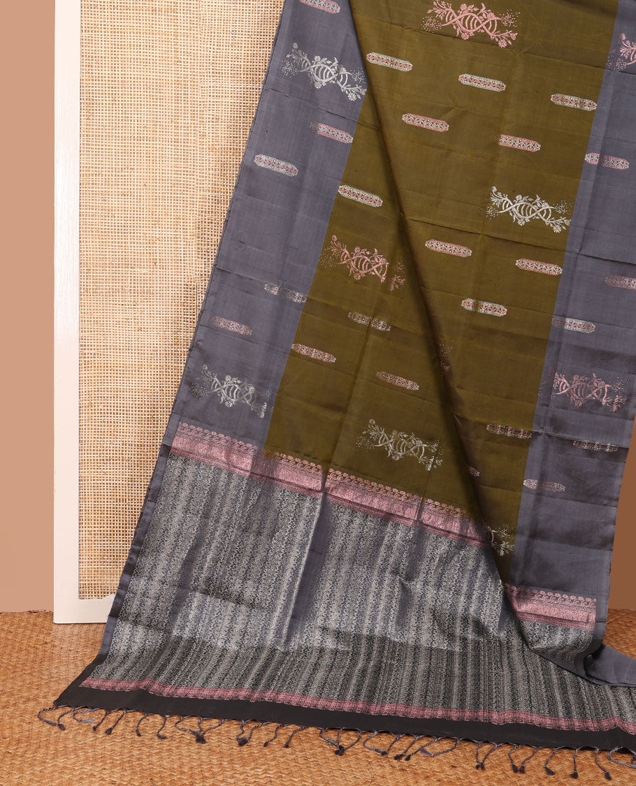 Green zari buttas soft silk saree, contrast zari buttas border & pallu of kodi visiry designs