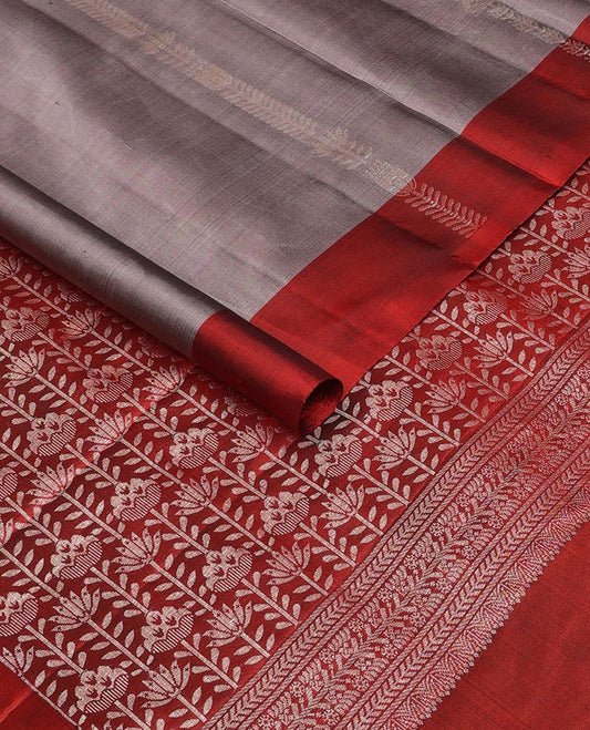 Grey zari stripes soft silk saree, contrast zari border & floral design pallu