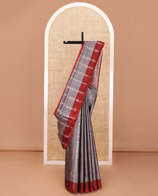 Grey zari stripes soft silk saree, contrast zari border & floral design pallu