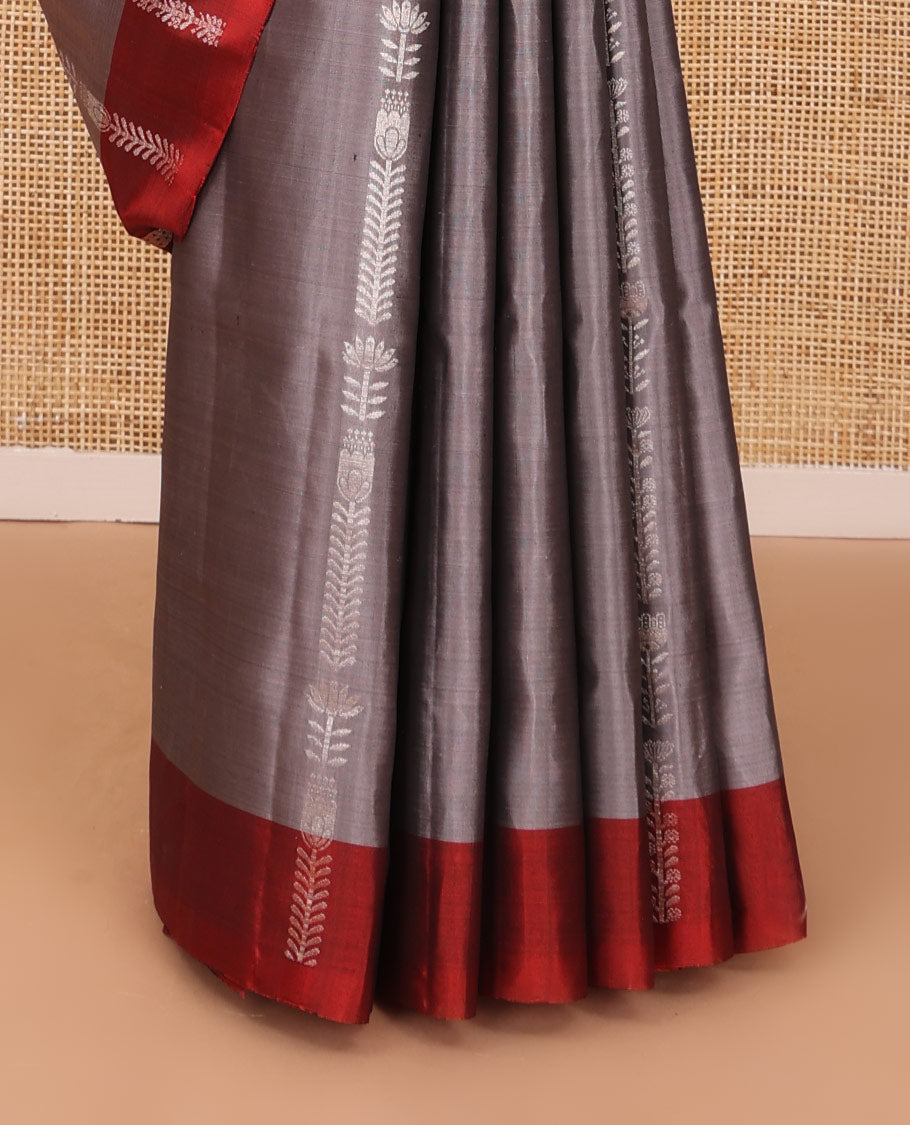 Grey zari stripes soft silk saree, contrast zari border & floral design pallu