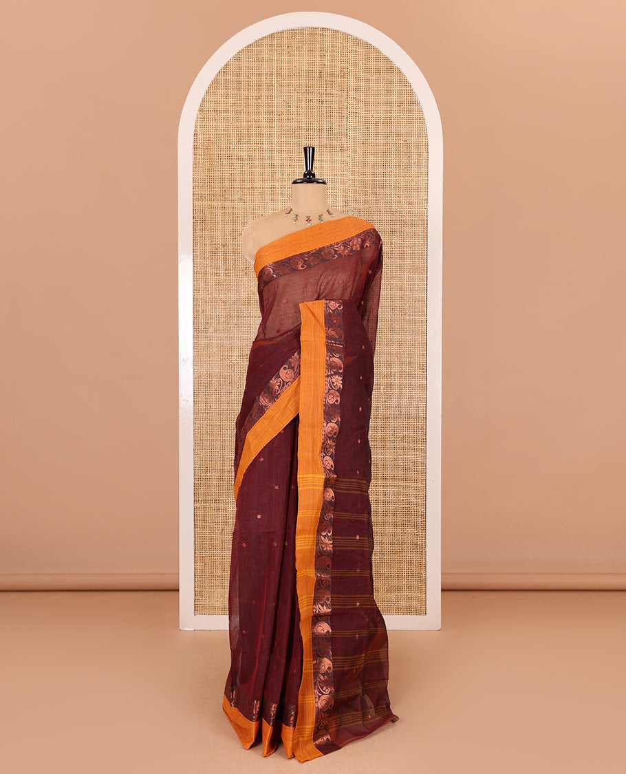 Maroon buttas woven Bengal cotton saree, contrast zari paisley and floral border, and striped pallu