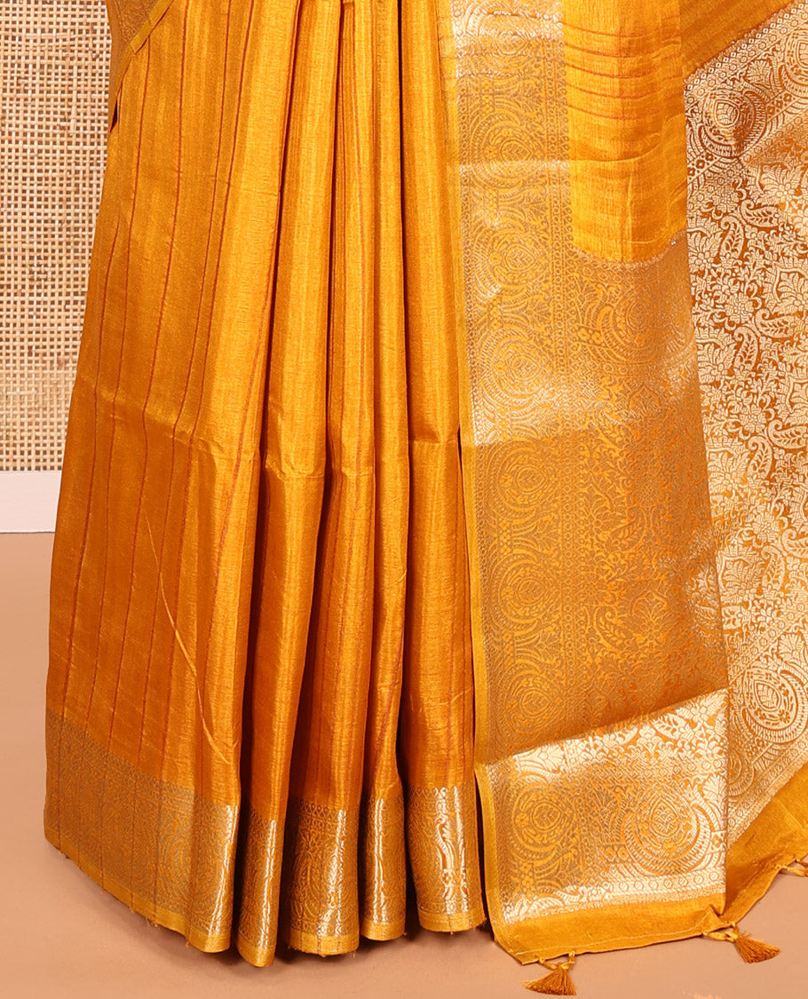 Mustard Fancy Tussar Saree, Intricate Border, Grand Pallu, a Printed Blouse, Matching Brocade Blouse