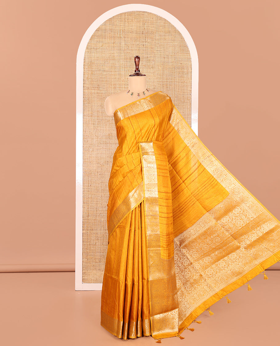 Mustard Fancy Tussar Saree, Intricate Border, Grand Pallu, a Printed Blouse, Matching Brocade Blouse
