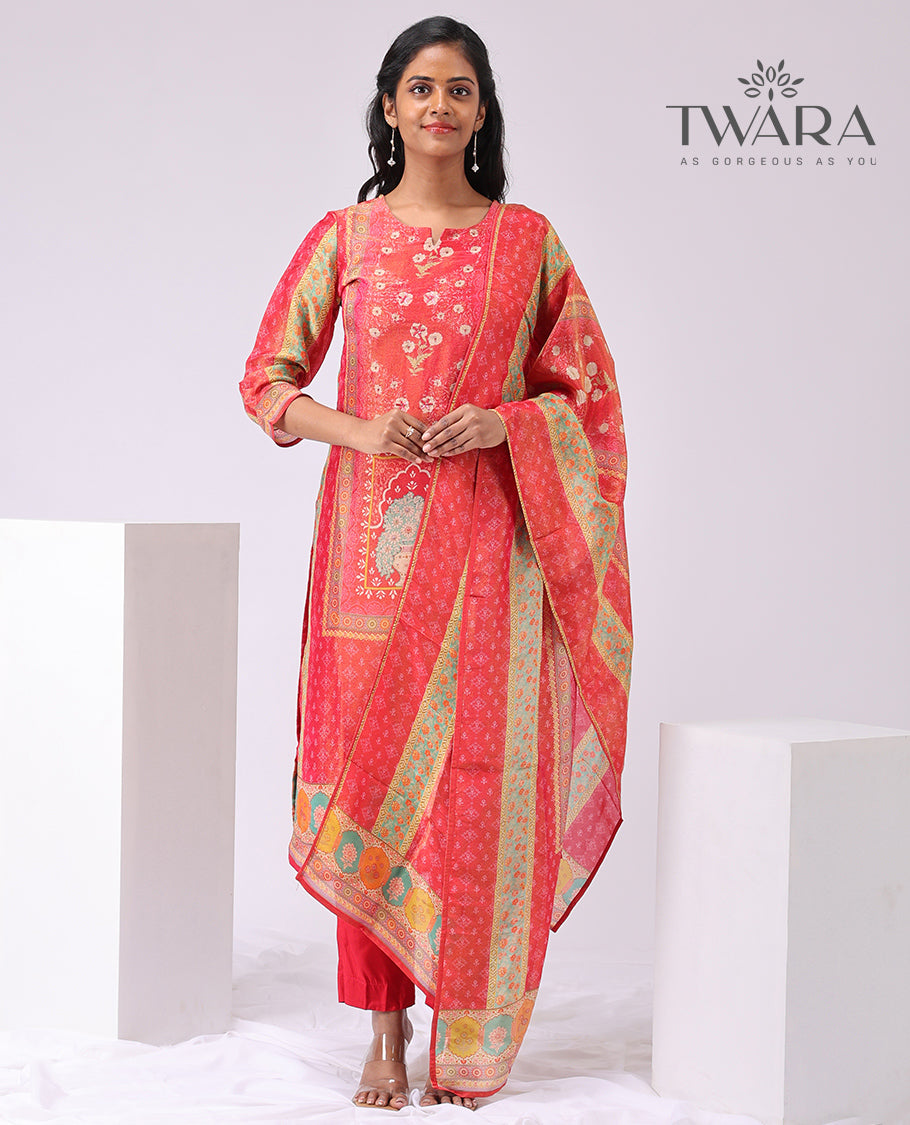 Twara crimson red floral design round neck 3/4 sleeve below knee length kurti