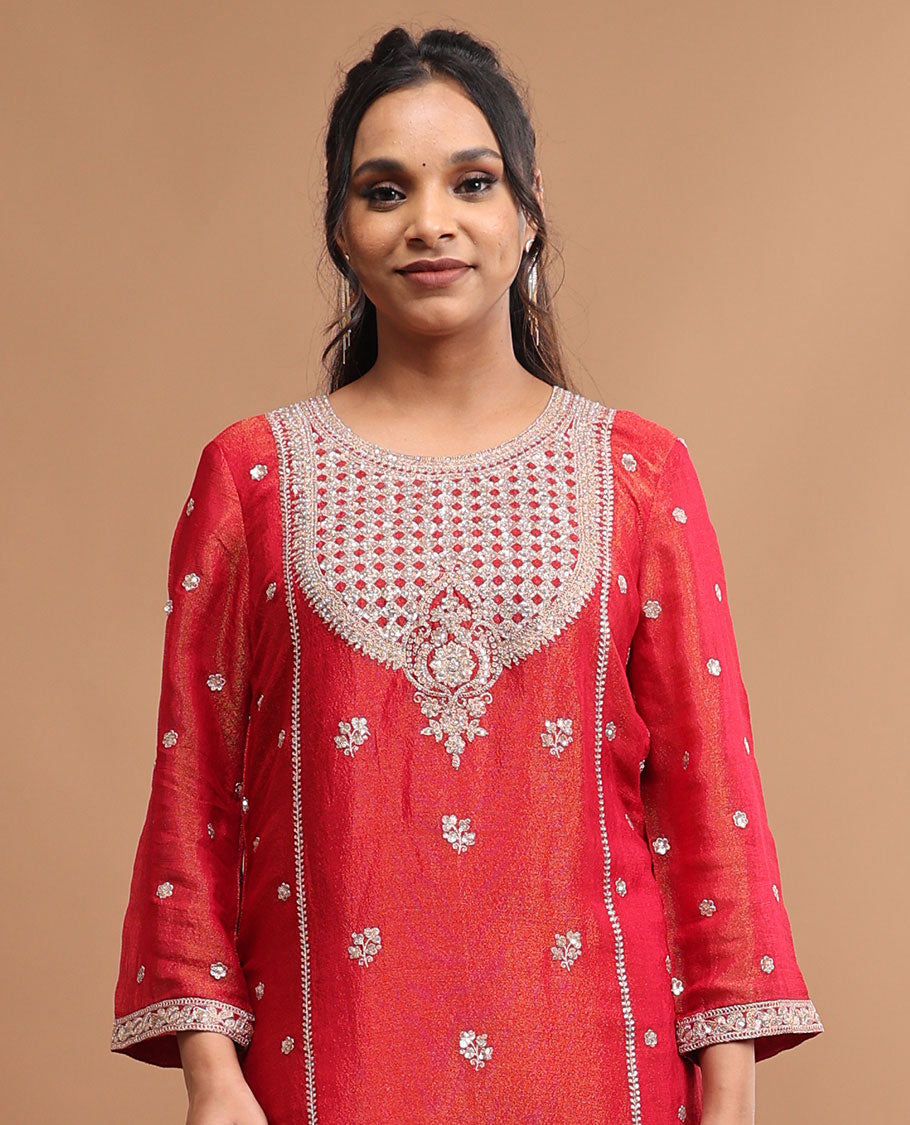 Red floral embroidery round neck, 3/4 th sleeve , knee length with sharara pants & embroidered dupatta