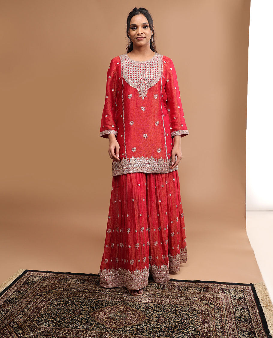 Red floral embroidery round neck, 3/4 th sleeve , knee length with sharara pants & embroidered dupatta