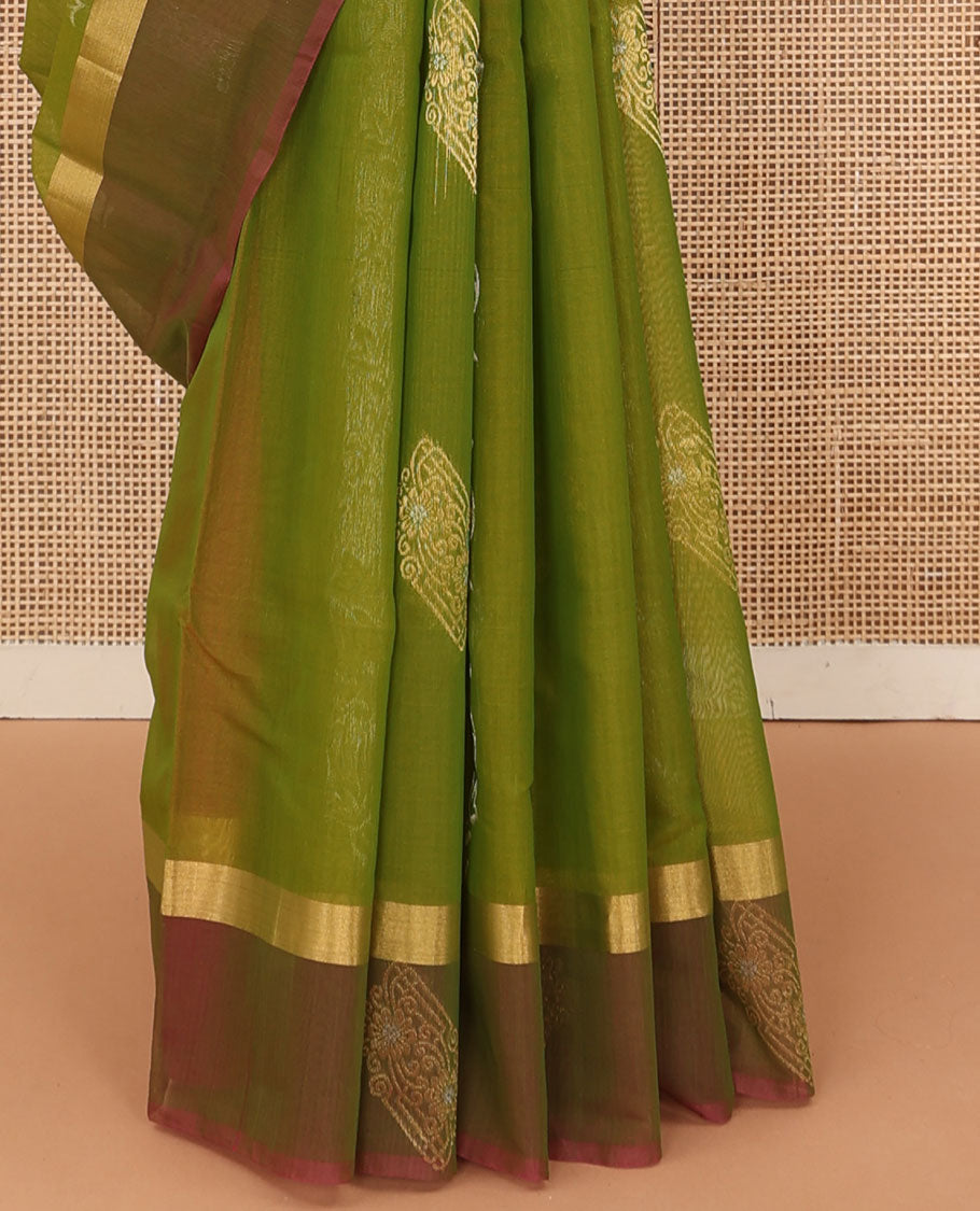 Green floral creeper and zari buttas silk cotton saree, contrast zari buttas border, and zari floral diamond patterned pallu