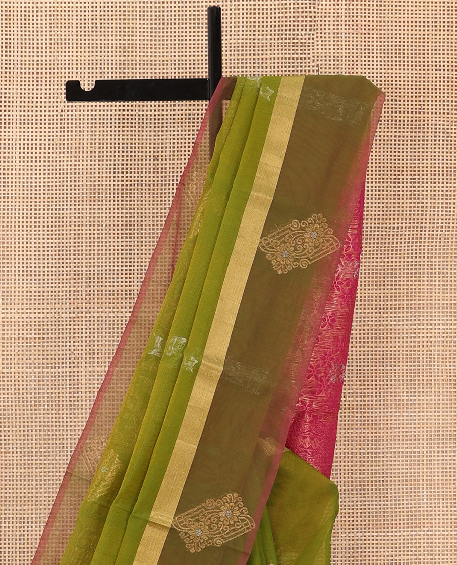Green floral creeper and zari buttas silk cotton saree, contrast zari buttas border, and zari floral diamond patterned pallu
