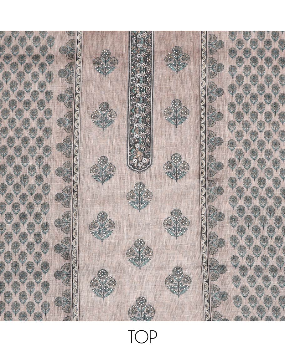Beige material chudidar set, floral motifs printed with stone work top, contrast plain bottom and Mughal style floral printed dupatta