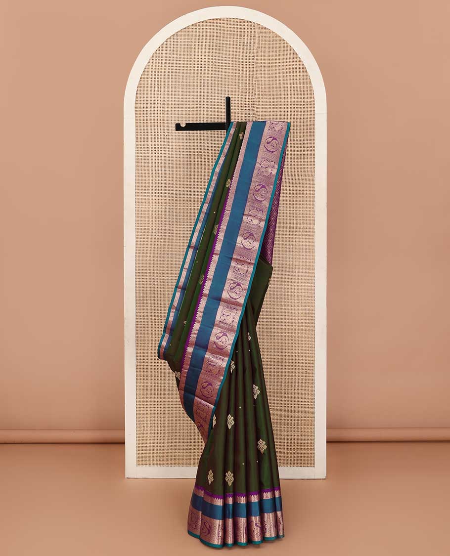 Green zari buttas silk saree, contrast border of rudraksham, mayil kann, kamalam, manga, and mayil designs , and jaal pallu