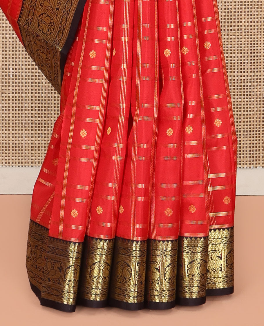 Orange Vasundhara Silk Saree, Richly Detailed with Zari Butta Enclosed Checks All Over Its Body, Complemented by a Contrast Border of Rekku, Muthu, Banaras, Mayil, and Manga Designs, Grand Pallu, and Paired with a Contrast Blouse