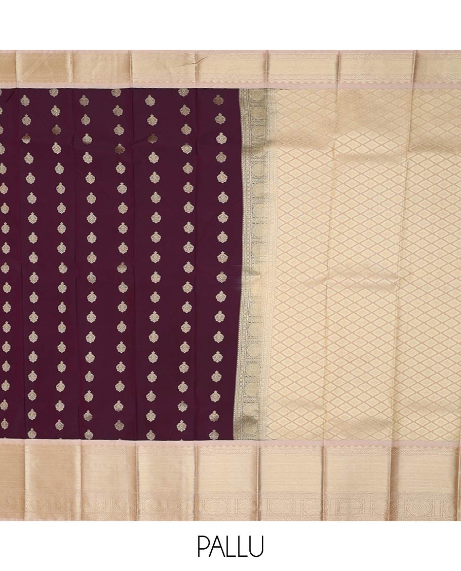 Dark wine zari butta gift saree, contrast traditional zari design border, and jaal pallu