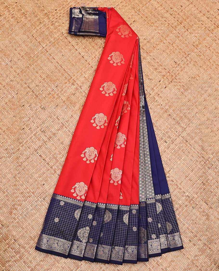Red Budget Silk Saree, Beautifully Bedecked with Jhumki Zari Buttas All Over Its Body, Complemented by Contrast Traditional Zari Designs Woven Border, Grand Jaal Pallu and Paired with a Contrast Blouse