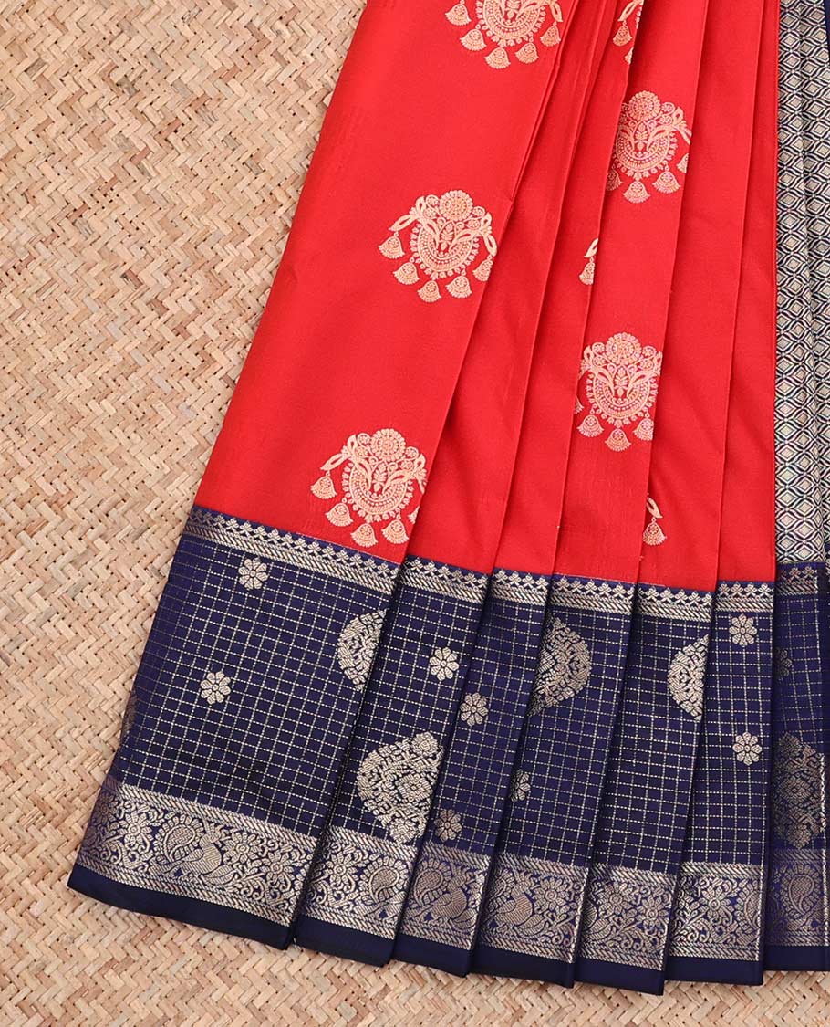 Red Budget Silk Saree, Beautifully Bedecked with Jhumki Zari Buttas All Over Its Body, Complemented by Contrast Traditional Zari Designs Woven Border, Grand Jaal Pallu and Paired with a Contrast Blouse