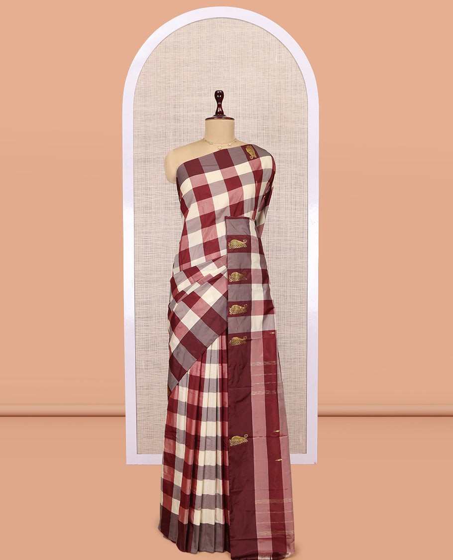 Borderless Multi-Color Checked Arani Saree, Woven with Zari Buttas, a Self-Pallu, and a Matching Blouse