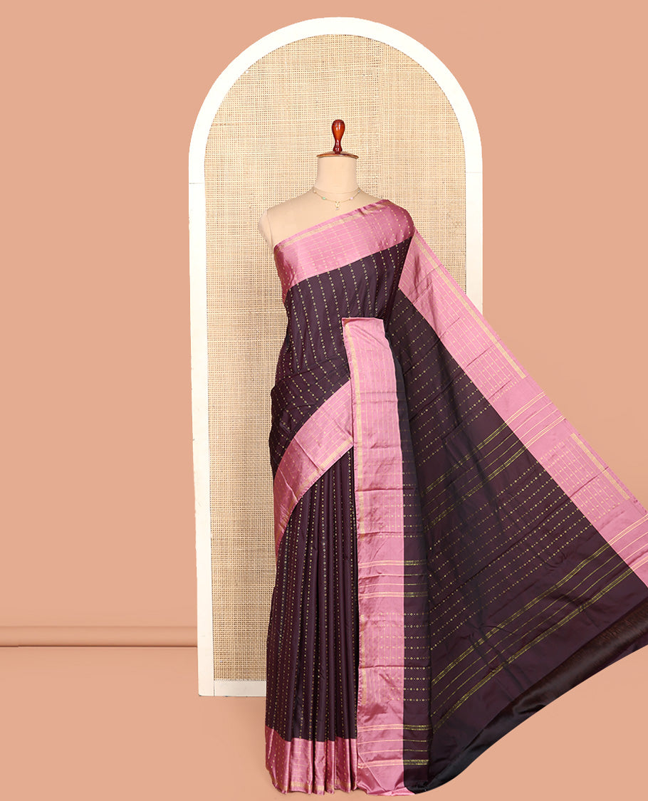Dark Chocolate Aarani Silk Saree, Showcasing Zari Buttas All Over Its Body, Complemented by a Contrast Border of Stripes and Buttas, Pallu of Stripes, and Paired with a Matching Blouse