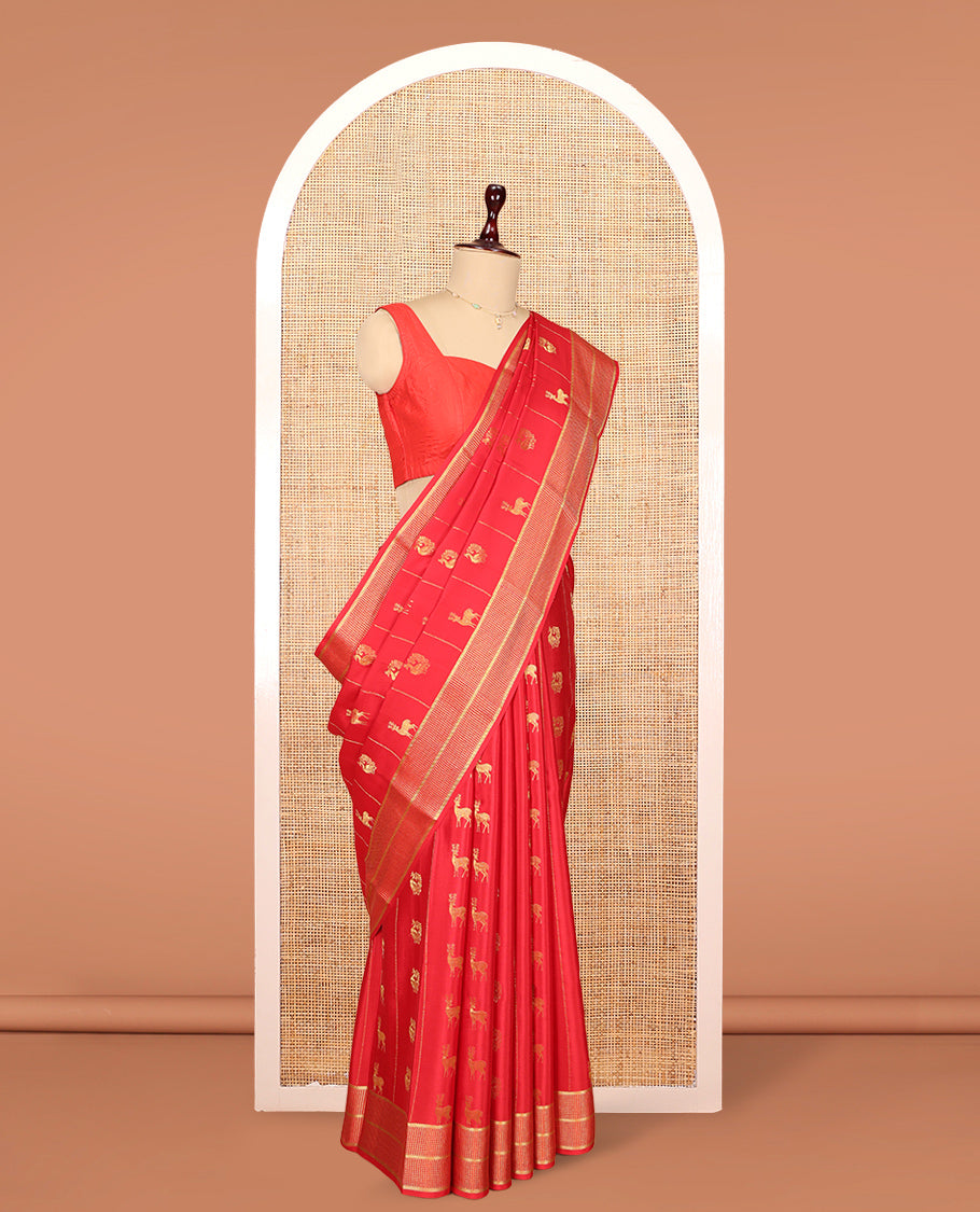 Red Mysore Silk Saree, Meticulously Crafted with Peacock-Deer Buttas and Stripes, Highlighted by a Traditional Zari Border, Grand Pallu, and a Matching Blouse
