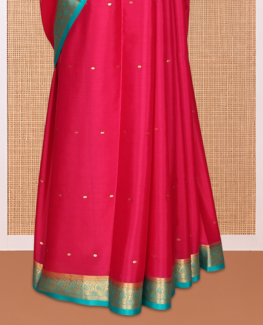 Red Mysore Silk Saree, Graced with Zari Buttas, Complemented by a Contrast Paisley Zari Border, Zari Buttas Woven Pallu, and a Contrast Blouse