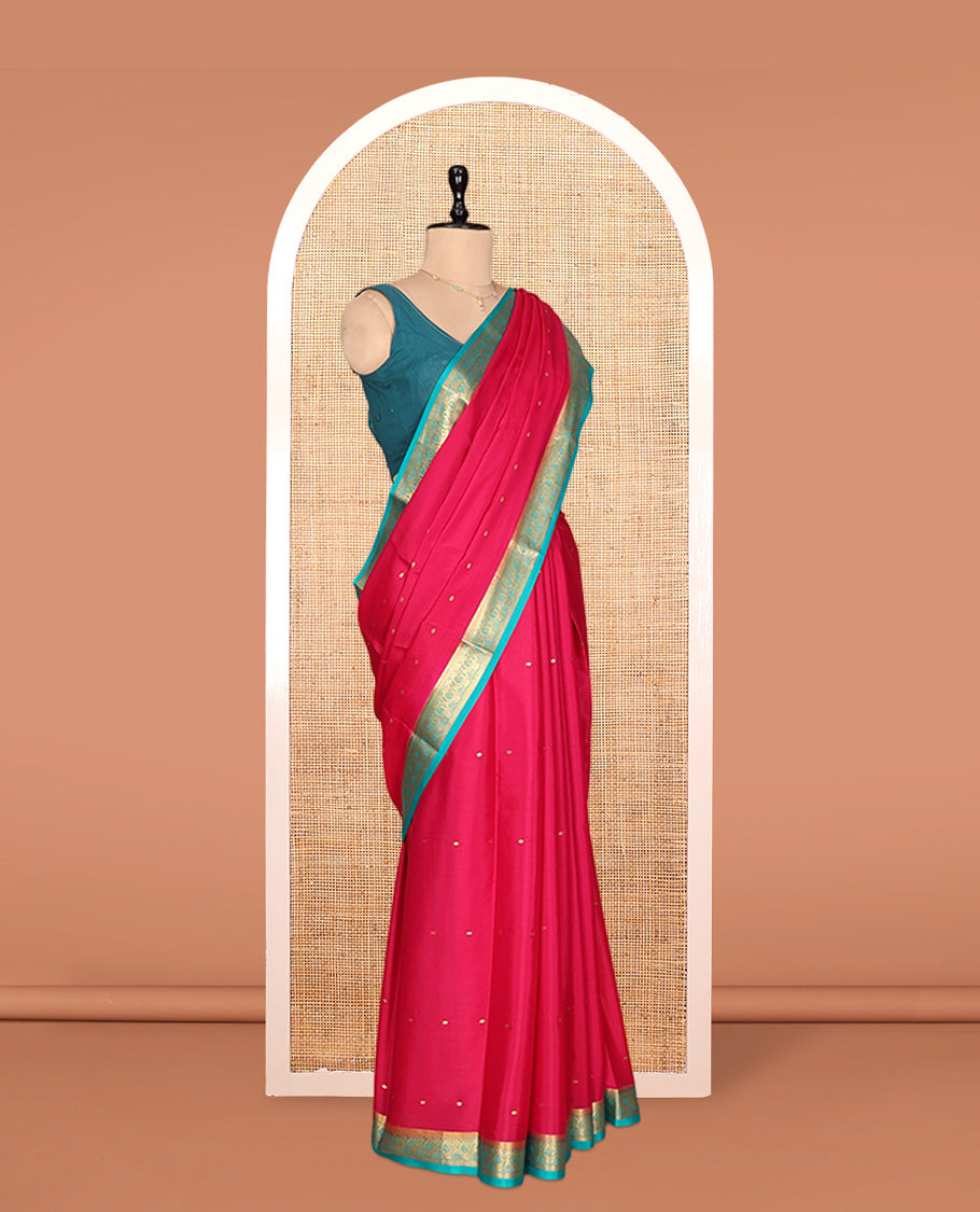 Red Mysore Silk Saree, Graced with Zari Buttas, Complemented by a Contrast Paisley Zari Border, Zari Buttas Woven Pallu, and a Contrast Blouse