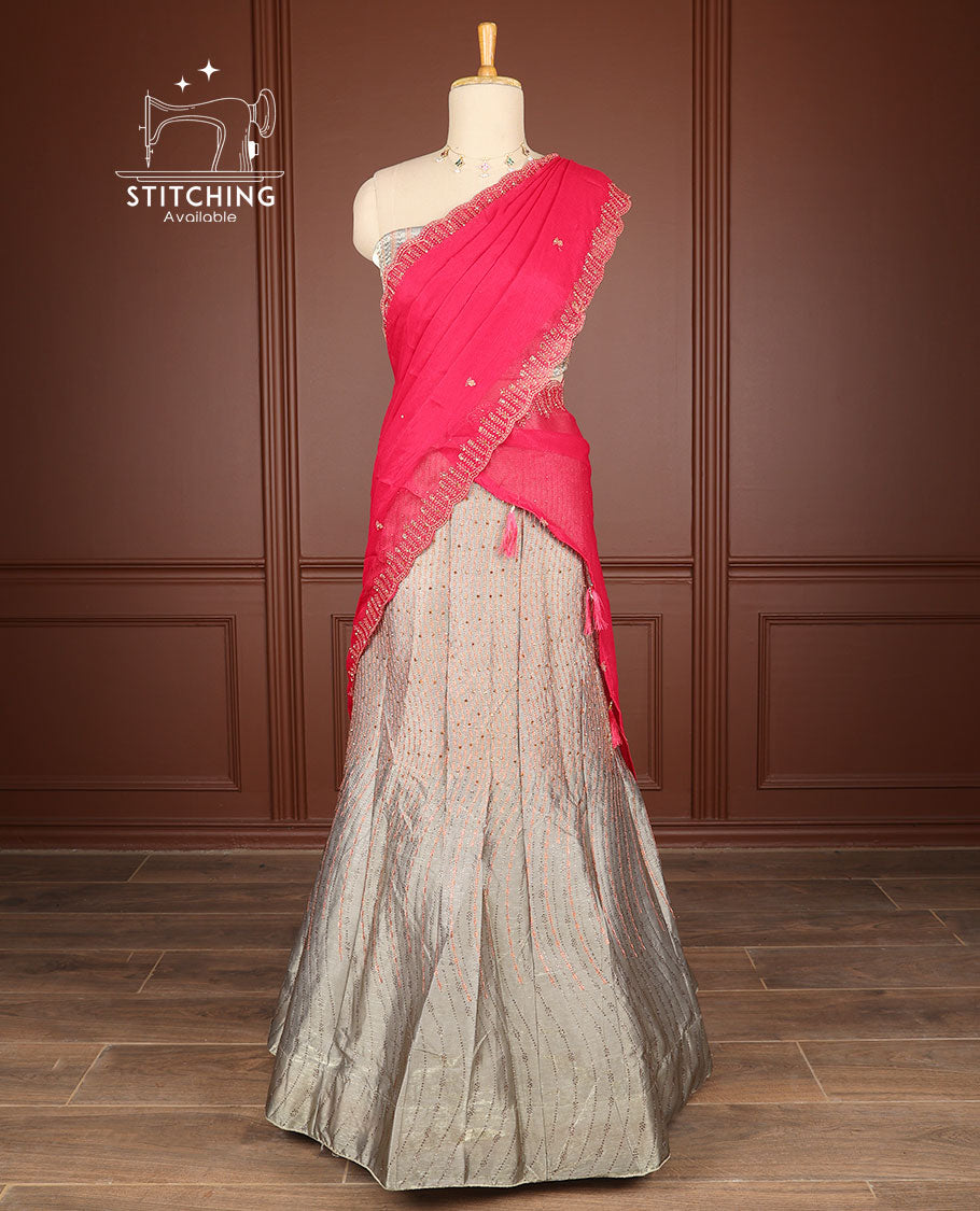 Grey thread embroidery half saree with self border, thread embroidery blouse & floral embroidery scallop border dhavani
