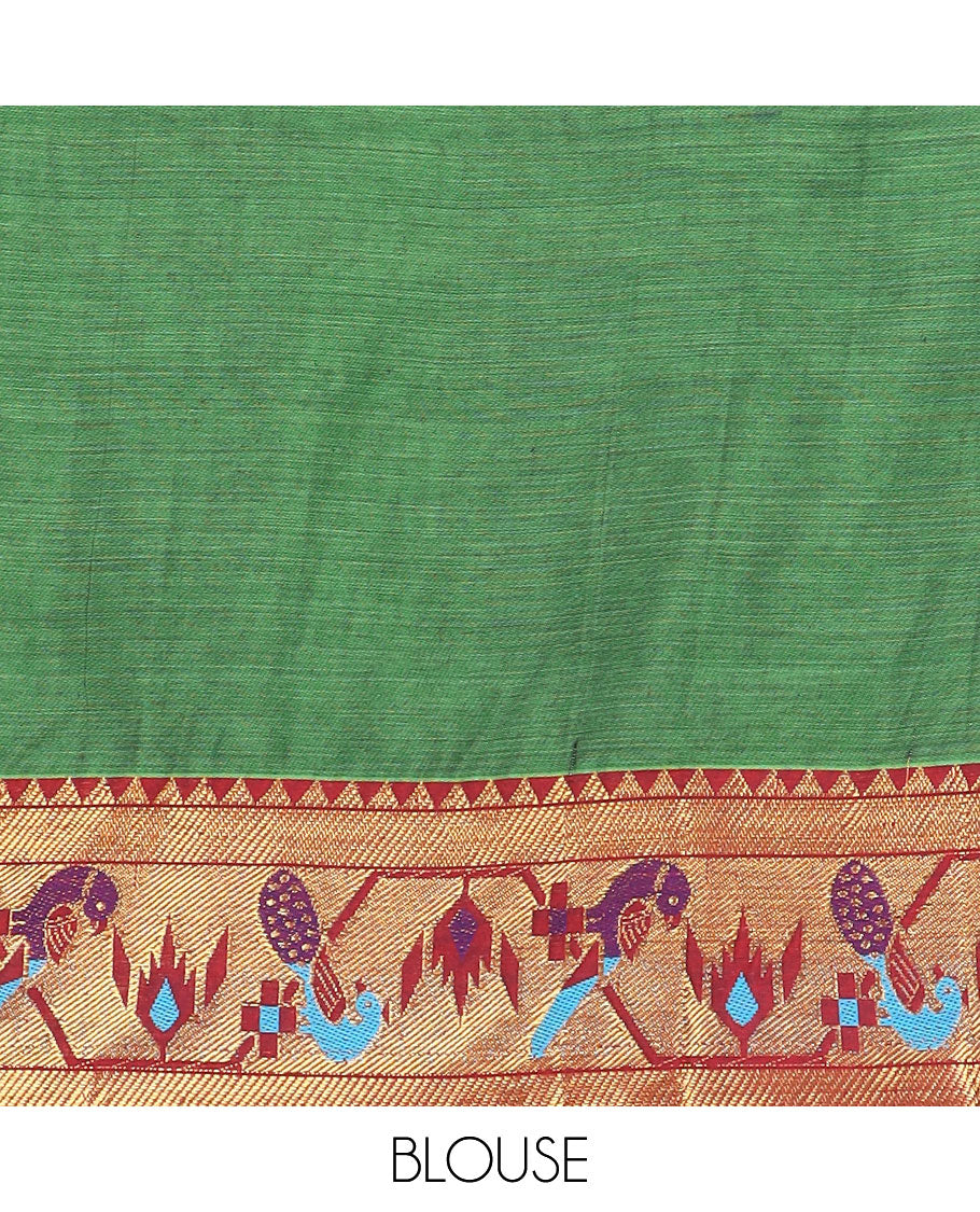 Green cotton half-saree, plain with contrast paithani bordered skirt, matching blouse, and a contrast zari border dhavani