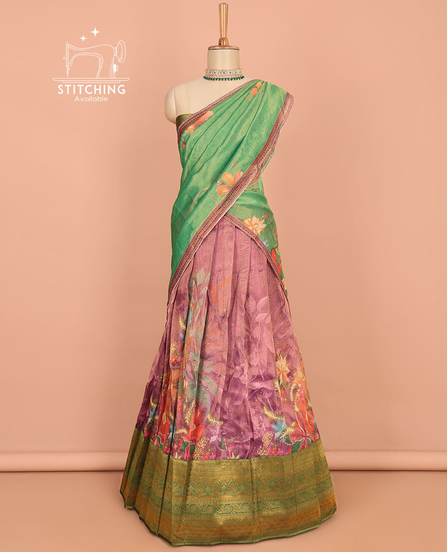 Multi-color floral printed art silk half saree, contrast traditional border, jacquard blouse & floral printed dhavani