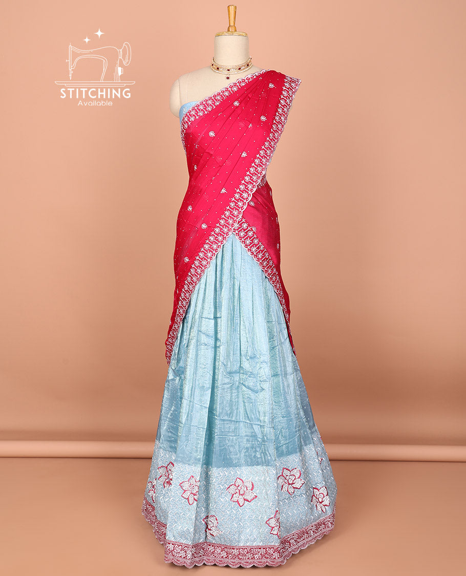 Light blue floral buttas embroidered half saree with self embroidered border, floral design blouse & floral buttas , scallop border dhavani