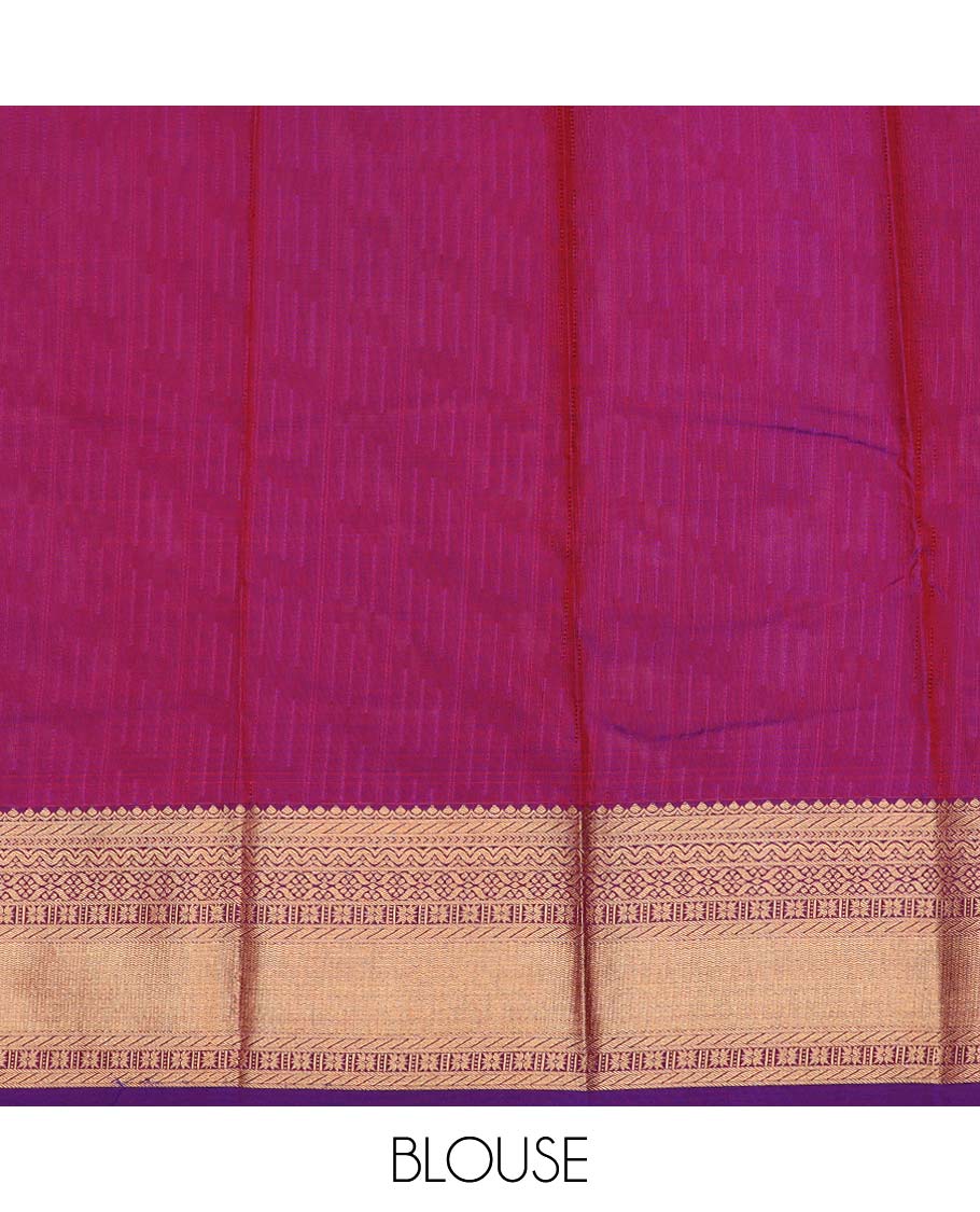 Red art silk pavadai material, zari design with embossed contrast traditional zari border skirt, and contrast blouse