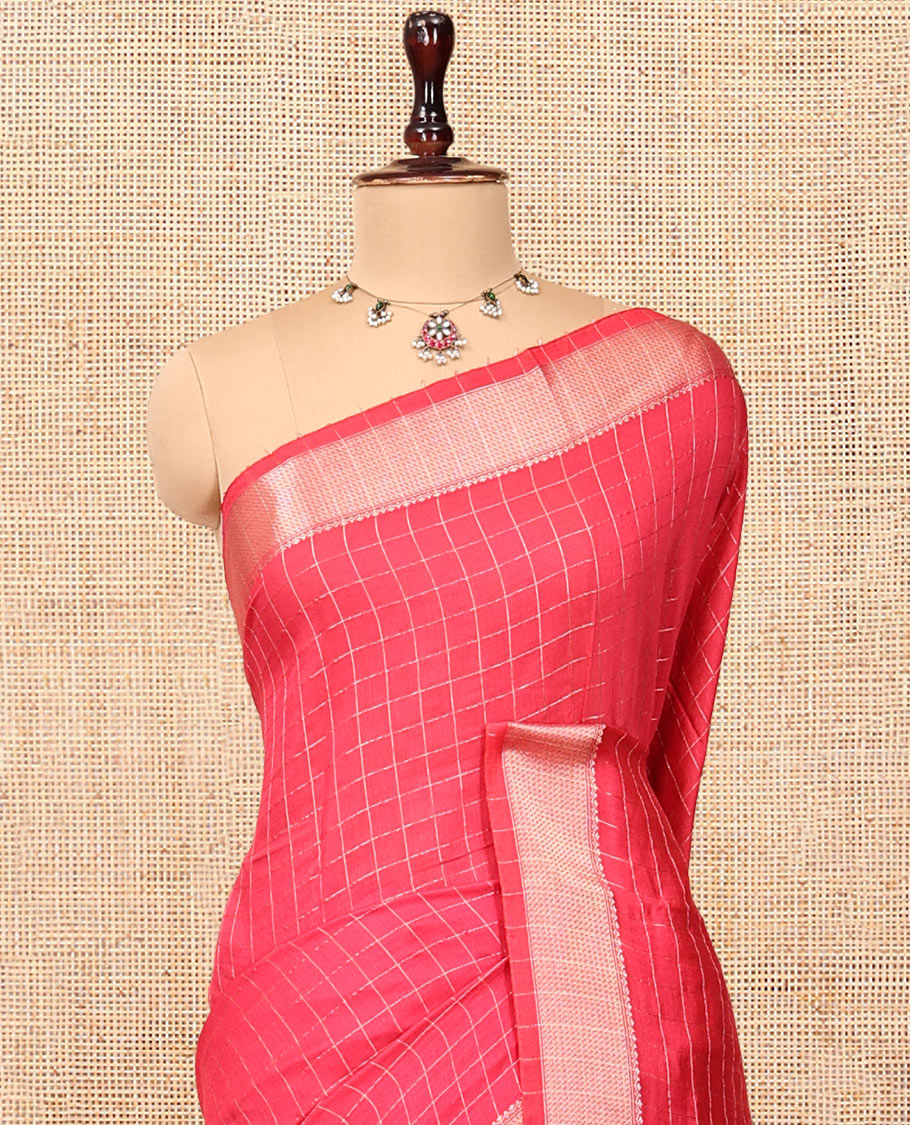 Pink Assam Silk Saree, Lightly Embellished with Zari Checks, Highlighted by a Traditional Zari Border, Striped Pallu, and a Matching Blouse
