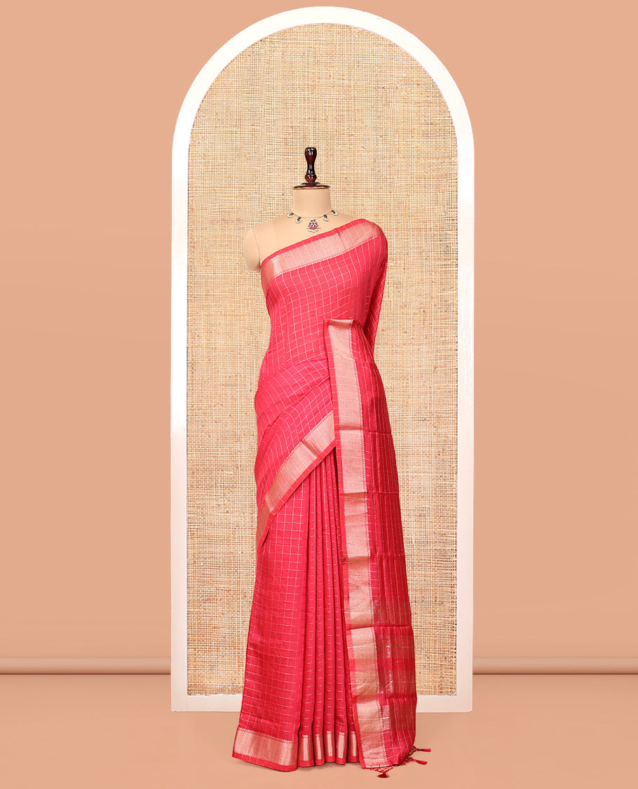 Pink Assam Silk Saree, Lightly Embellished with Zari Checks, Highlighted by a Traditional Zari Border, Striped Pallu, and a Matching Blouse
