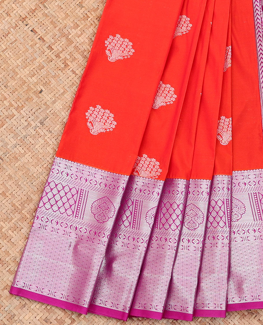 Red Budget Silk Saree, Mesmerized with Zari Buttas on Its Body, Complemented by a Contrast Traditional Zari Design Border, Pallu Steeped with Floral Designs, and Paired with a Contrast Blouse