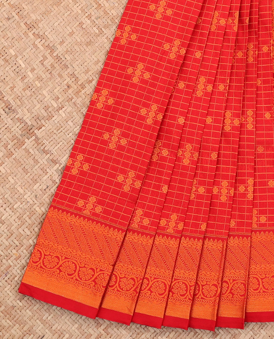 Red Budget Silk Saree, Detailed with Butta Enclosed Checks All Over Its Body, Highlighted by Traditional Design Border, Grand Pallu, and Paired with a Matching Blouse