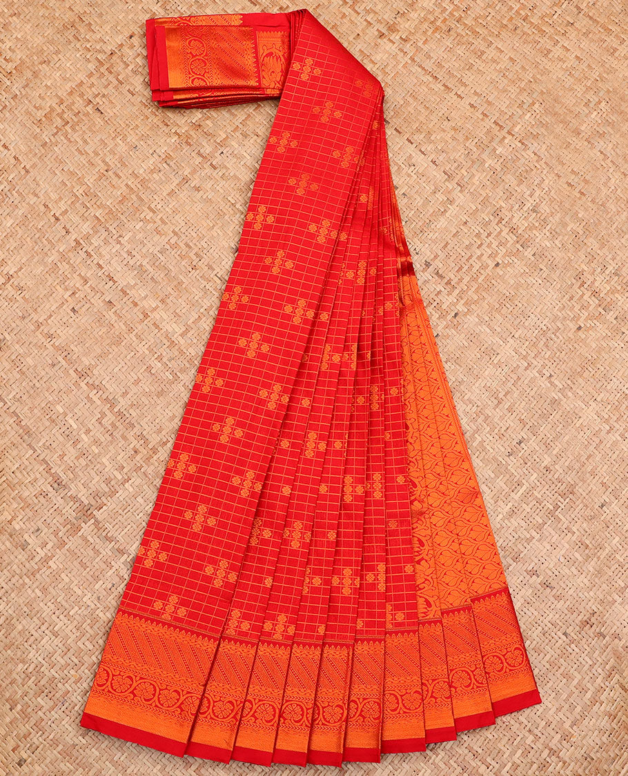 Red Budget Silk Saree, Detailed with Butta Enclosed Checks All Over Its Body, Highlighted by Traditional Design Border, Grand Pallu, and Paired with a Matching Blouse