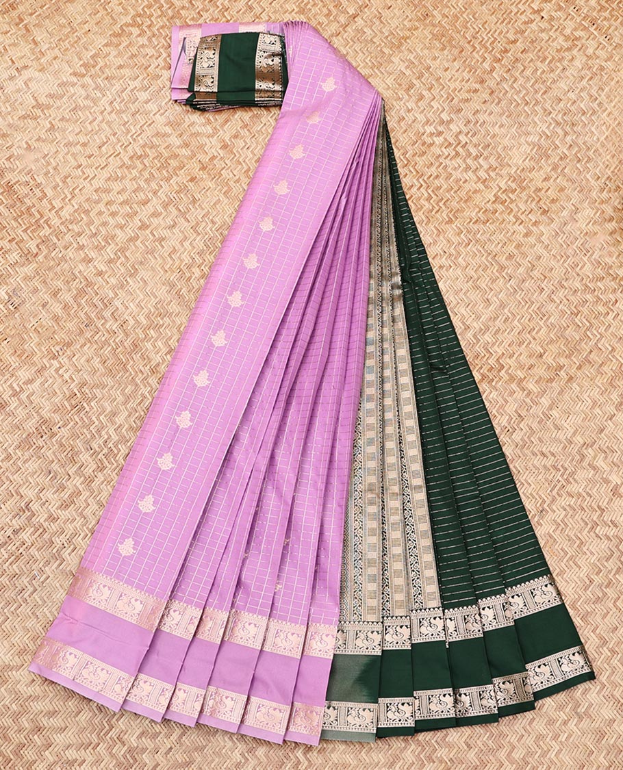 Pink Budget Silk Saree Features Buttas and Checks, Highlighted by a Traditional Rettai Pettu Border, Contrast Grand Pallu, and a Contrast Blouse