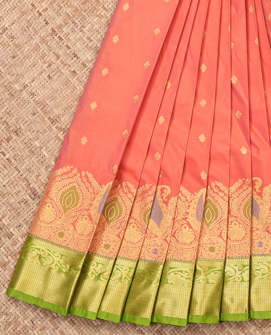 Peach Budget Silk Saree, Highlighted with Zari and Meenakari Buttas, a Contrast Traditional Zari Border, Grand Pallu, and a Contrast Blouse
