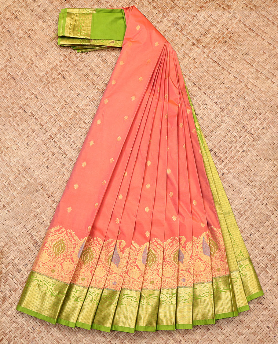 Peach Budget Silk Saree, Highlighted with Zari and Meenakari Buttas, a Contrast Traditional Zari Border, Grand Pallu, and a Contrast Blouse