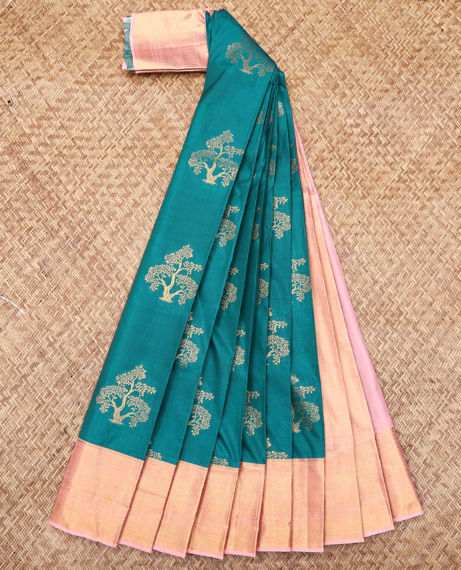 Teal Blue Budget Silk Saree, Bedecked with Tree Buttas, Complemented by a Contrast Traditional Zari Border, Intricate Pallu, and a Contrast Blouse