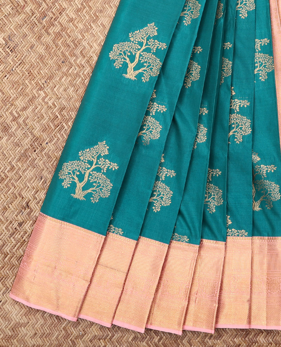 Teal Blue Budget Silk Saree, Bedecked with Tree Buttas, Complemented by a Contrast Traditional Zari Border, Intricate Pallu, and a Contrast Blouse