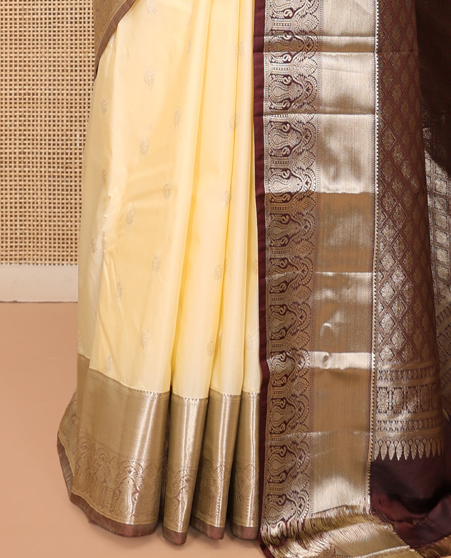 Light Sandal Budget Silk Saree, Sparsely Sparkled with Zari Buttas, Complemented by a Contrast Traditional Zari Border, Pallu of Jaal Design, and Contrast Blouse