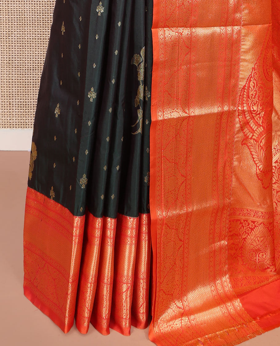 Green Budget Silk Saree, Detailed with Zari Buttas All Over Its Body, Complemented by Contrast Traditional Zari Design Border, Intricately Designed Pallu, and Paired with a Contrast Blouse