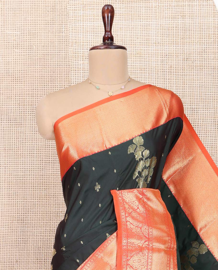 Green Budget Silk Saree, Detailed with Zari Buttas All Over Its Body, Complemented by Contrast Traditional Zari Design Border, Intricately Designed Pallu, and Paired with a Contrast Blouse