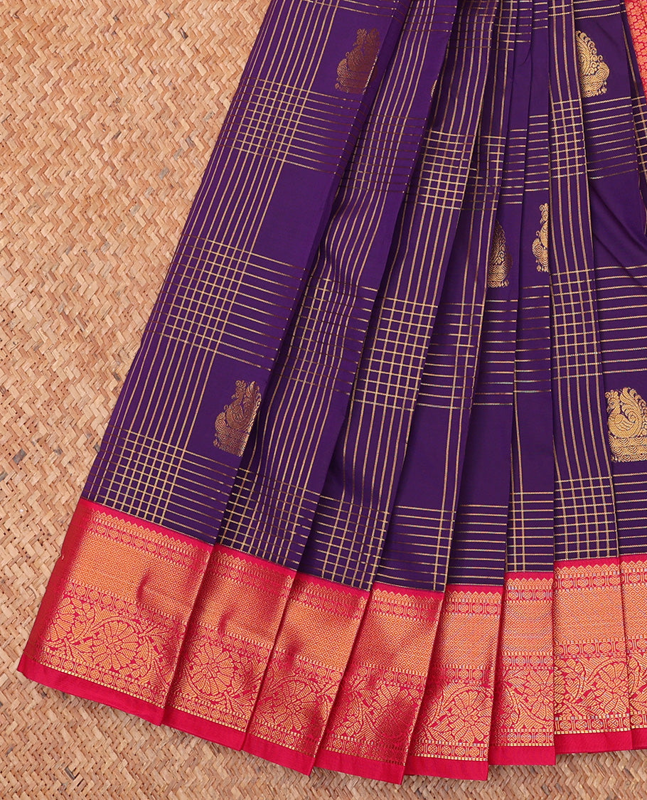 Purple Budget Silk Saree, Enriched with Zari Butta Enclosed Checks On Its Body, Complemented by Contrast Traditional Zari Designs Woven Border, Grand Jaal Pallu and Paired with a Contrast Blouse