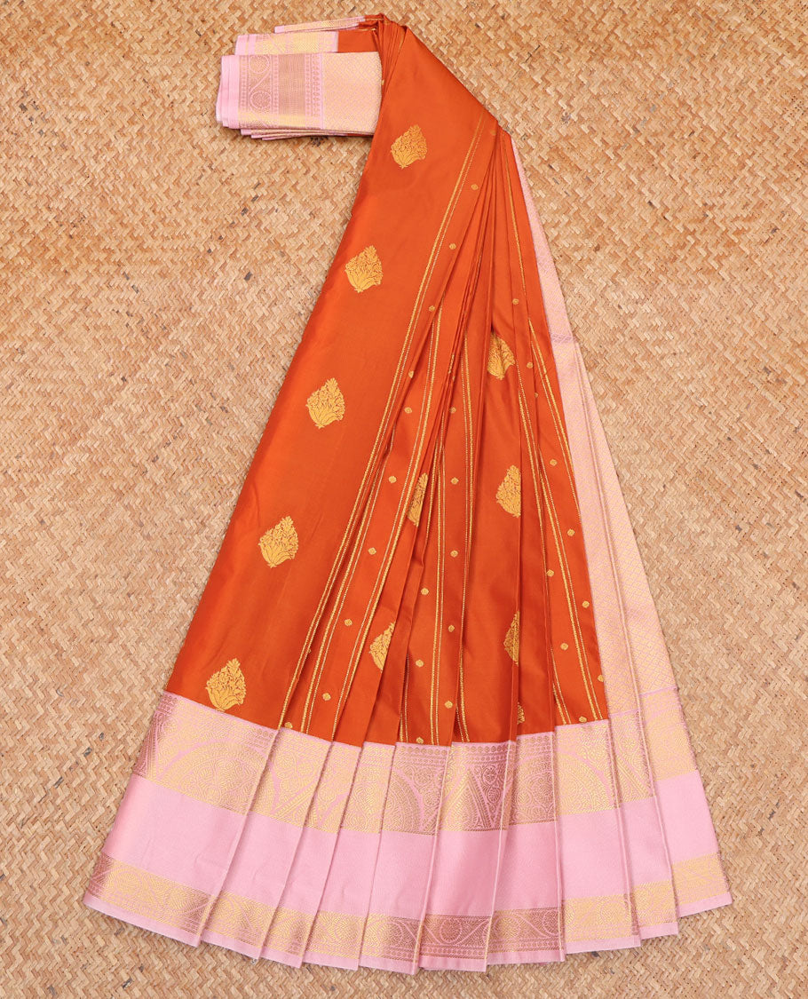Orange Budget Silk Saree, Highlighted by Zari Designs All Over Its Body, Complemented by a Contrast Traditional Zari Design Woven Rettai Pettu Border, Gleaming Jaal Pallu, and Paired with a Contrast Blouse