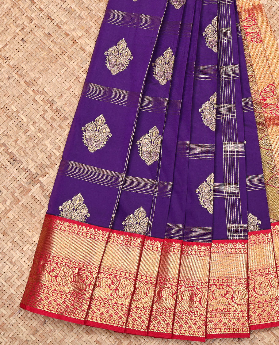 Violet Budget Silk Saree, Elevated with Zari Butta Enclosed Checks All Over Its Body, Complemented by a Contrast Traditional Zari Design Border, Intricately Designed Pallu, and Paired with a Contrast Blouse
