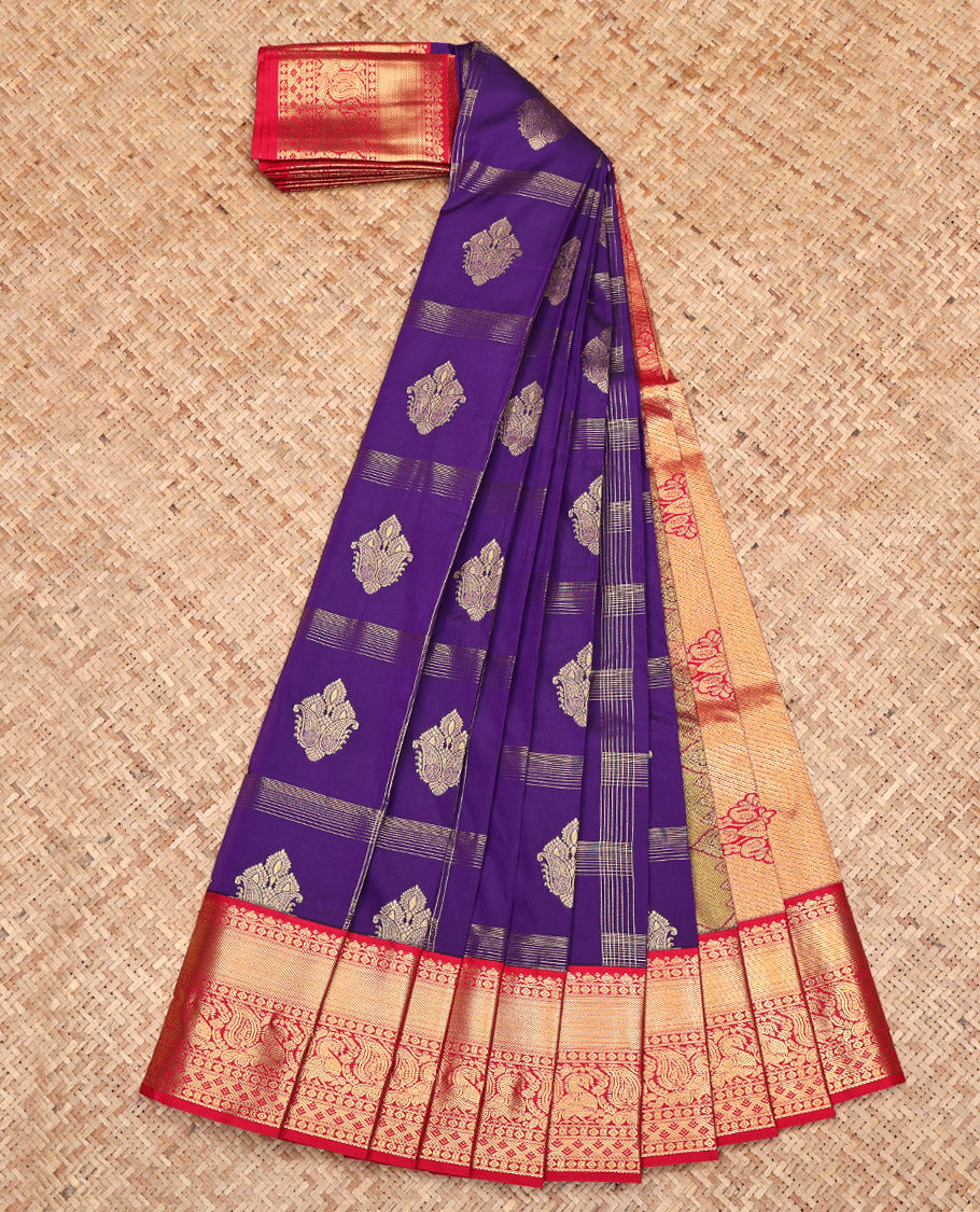 Violet Budget Silk Saree, Elevated with Zari Butta Enclosed Checks All Over Its Body, Complemented by a Contrast Traditional Zari Design Border, Intricately Designed Pallu, and Paired with a Contrast Blouse