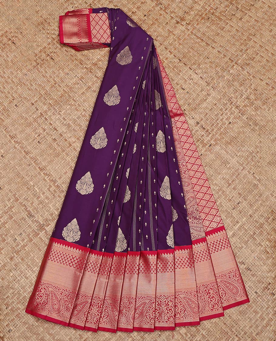 Purple Budget Silk Saree, Embellished with Zari Buttas on Its Body, Complemented by a Contrast Traditional Zari Design Border, Grand Jaal Pallu, and Paired with a Contrast Blouse