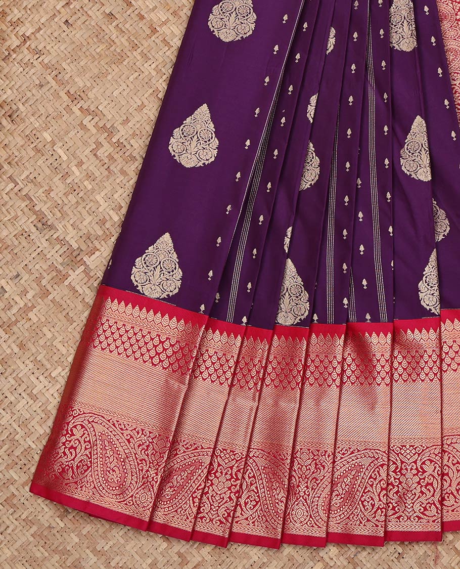 Purple Budget Silk Saree, Embellished with Zari Buttas on Its Body, Complemented by a Contrast Traditional Zari Design Border, Grand Jaal Pallu, and Paired with a Contrast Blouse